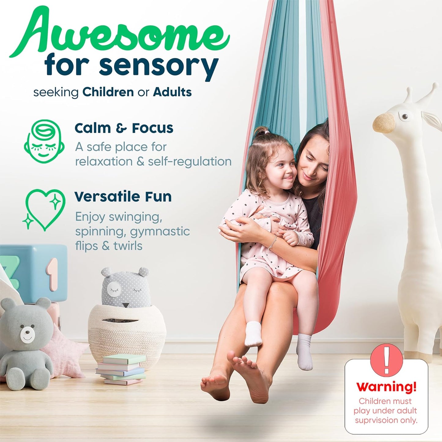 Sensory Swing for Kids Indoor Outdoor & 360° Hardware | Healing & Relaxing Indoor Swing for Kids & Adults - Helps with ADHD/ADD, Autism, Sensory Processing Disorder | Reversible Sensory Therapy Swing