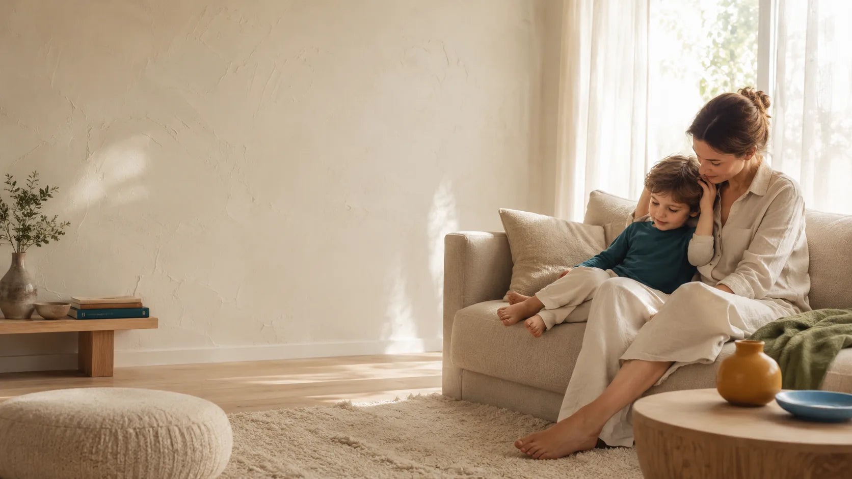 A parent and child share a quiet morning moment in a calm, light-filled living room.