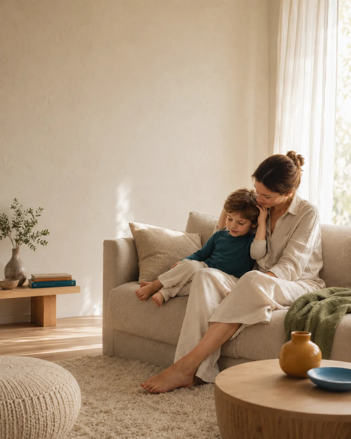 A parent and child share a quiet morning moment at home.